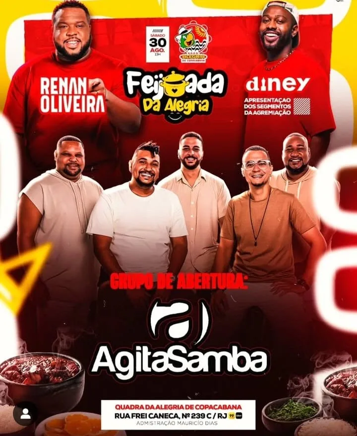 Feijoada-da-Alegria Samba, feijoada e alegria: Renan Oliveira, Diney e Agita Samba são atrações da Feijoada da Alegria 